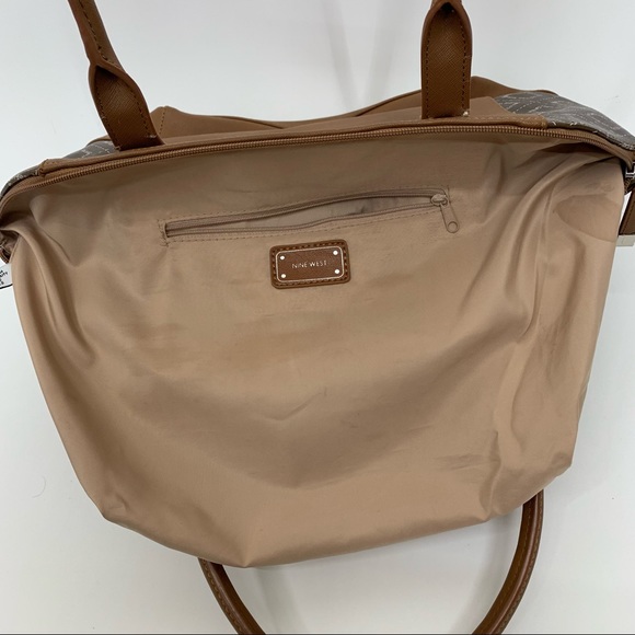 Nine West Brown Camel Tan All Over Geometric Pattern Contrast Satchel Purse - Picture 13 of 16